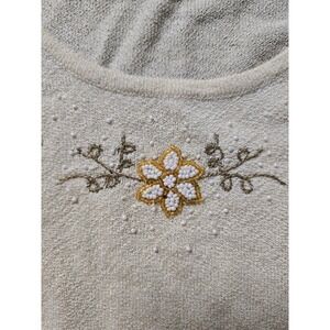 Kim Rogers XL Cream Short Sleeve Beaded Floral‎ Knit Top Sweater Blouse (C)